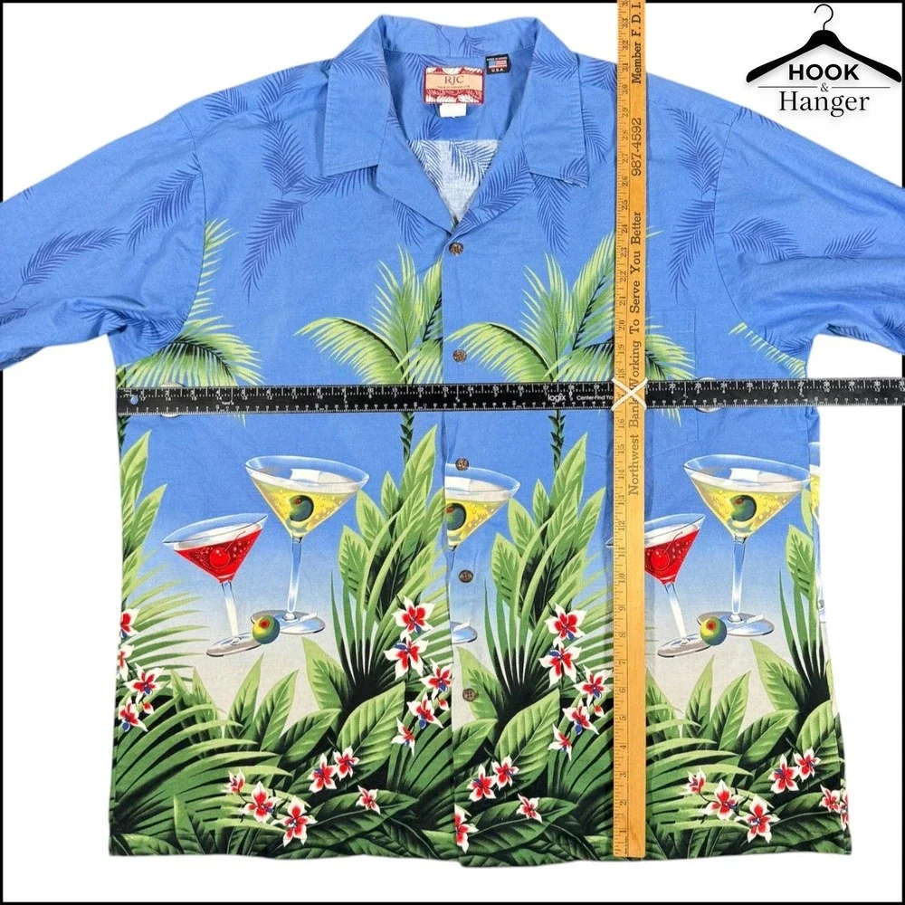 Vintage RJC Hawaiian Camp Shirt 3XL Blue Martini Tropical Palm USA Vacation Blue - Picture 5 of 8